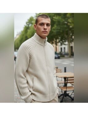 Lanesboro Men's  Large Zip-Up Sweater - Cream wool blend preppy